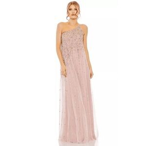 Mac Duggal Dusty Pink One Shoulder Embellished Trapeze A-Line Maxi Gown Size 14
